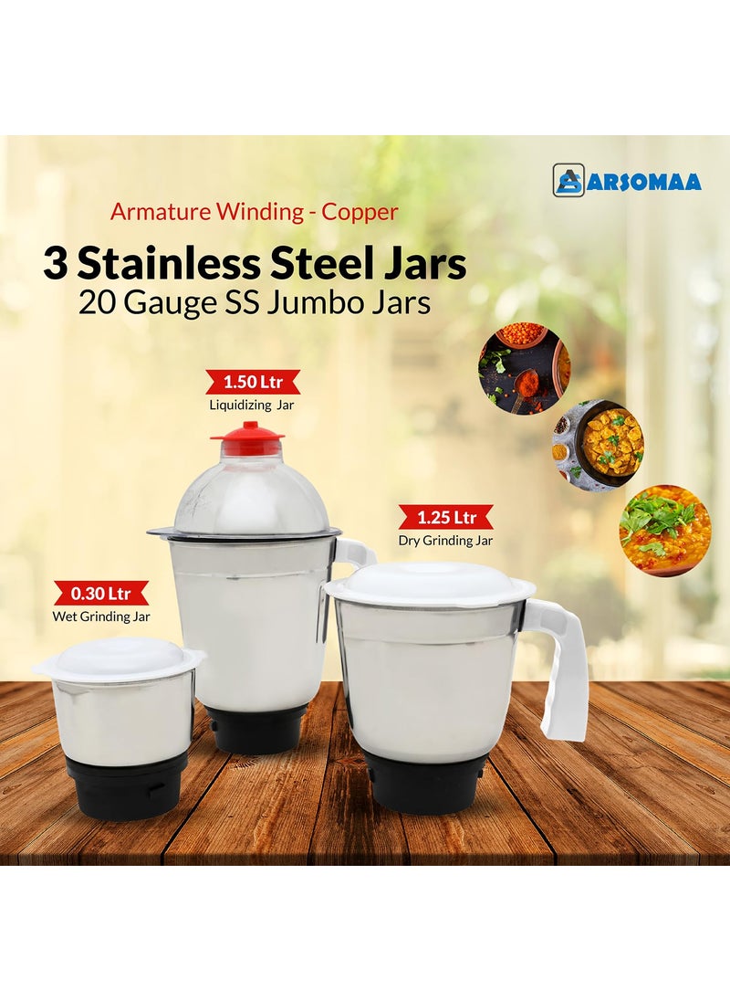 ARSOMAA Glam Mixer Grinder Power Pro 550Watt Your Culinary Creations with 3 Jars Stainless Steel Blades 24 Months Warranty Bold Red Elegance