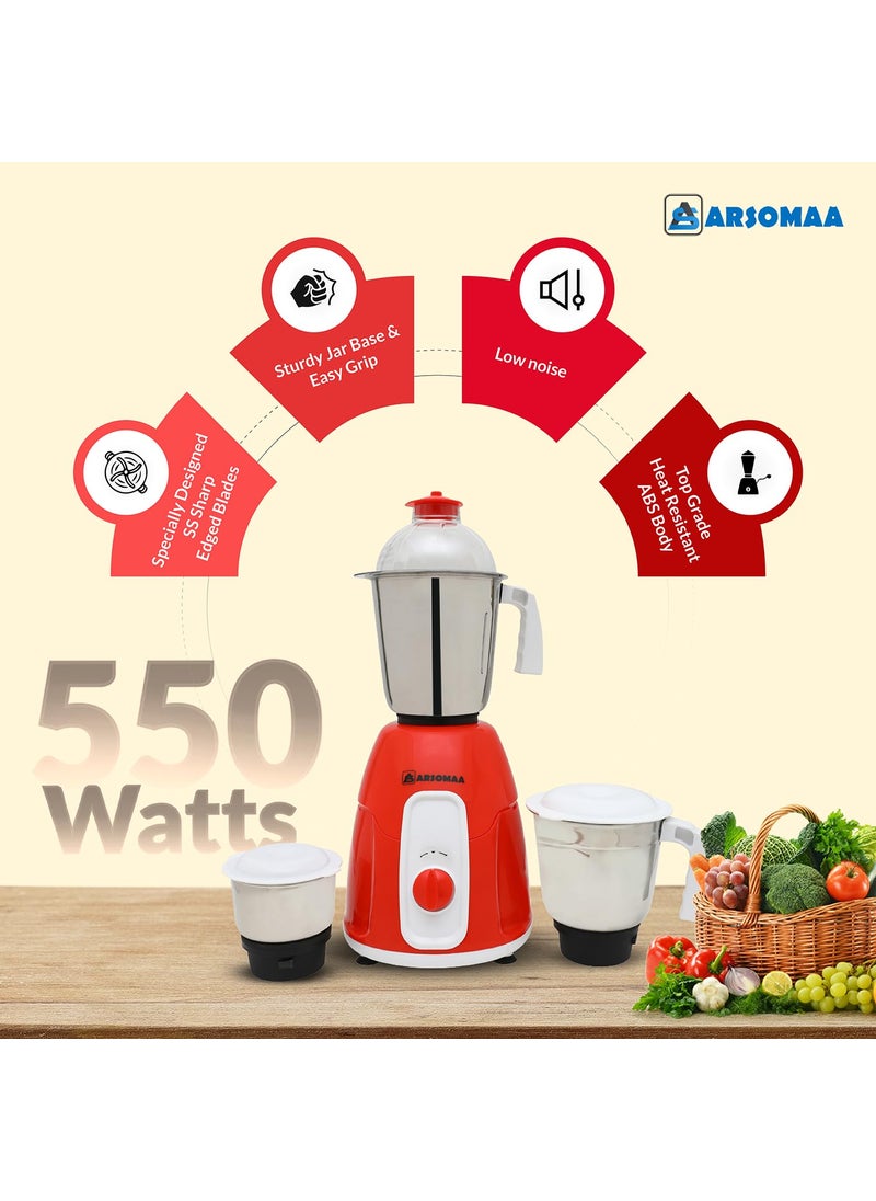 ARSOMAA Glam Mixer Grinder Power Pro 550Watt Your Culinary Creations with 3 Jars Stainless Steel Blades 24 Months Warranty Bold Red Elegance
