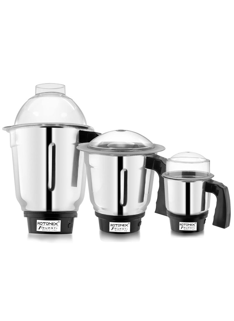 Rotomix Dry Liquid and Chutney for Mixer Grinder Set of 3 Stainless Steel Mixer Chutney Jar with Handle Heavy Duty Aluminium Base with Lid Fitting 1000 ml 700 ml 350 ml Mixer Juicer Jar