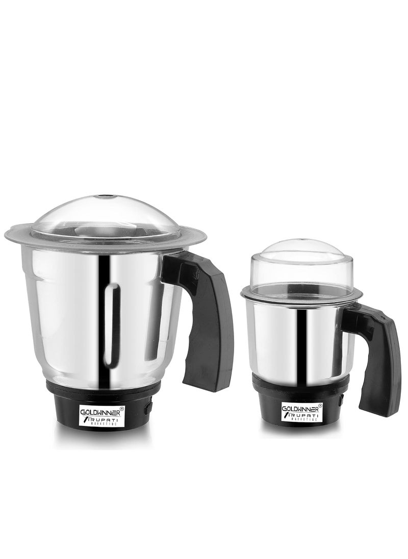 Goldwinner Dry and Chutney for Mixer Grinder Set of 2 Stainless Steel Mixer Chutney Jar with Handle Heavy Duty Aluminium Base with Lid Fitting 350 ml 700 ml Mixer Juicer Jar