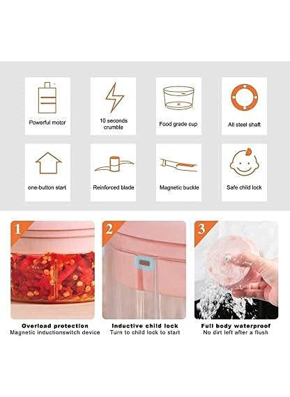 Nurev Enterprise Portable USB Rechargeable Electric Chopper 250 ml Pink 45 Watts
