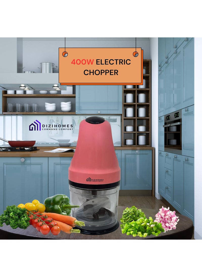 Dizihomes 400 Watts Electric Vegetable Chopper with Stainless Steel Blades Chopping Mincing Cutting Whisk Blend and Dicing Pink