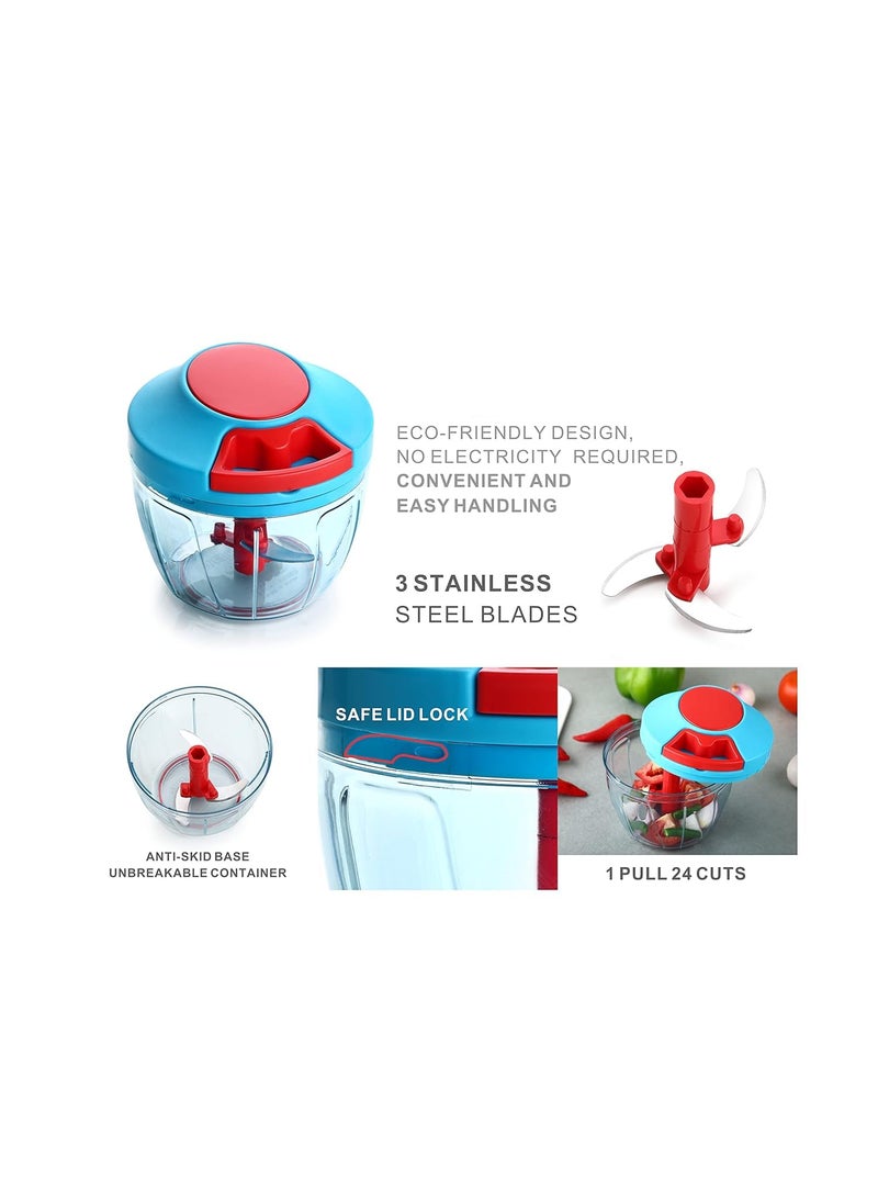 GLOBAL IMPEX Vegetable Round Quick Handy Dori Chopper 1000 ml with 6 Stainless Steel Blade and Whisker Multipurpose Speedy Dry Fruit and Onion Machine for Kitchen Tool Sky Blue Red 1000ml