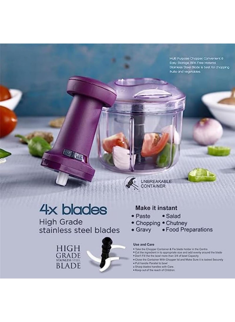 IDEAL PRIME Heavy Duty BPA Free Plastic Giant Push Chopper 1000 ml with 4X Speed Stainless Steel Blades Vegetable Fruit Cutter Salad Maker Kitchen Tool Pack of 1