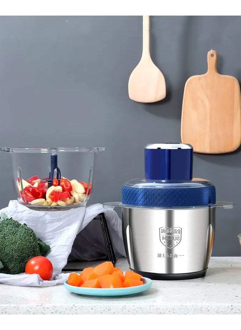 PARSPAR Multifunctional Minced Meat Minced Stuffing Machine 3L Stainless Steel Meat Blender Food Chopper for Meat Vegetables Baby Food Fruits and Nuts with 4 Sharp Blades 300 Watts Blue