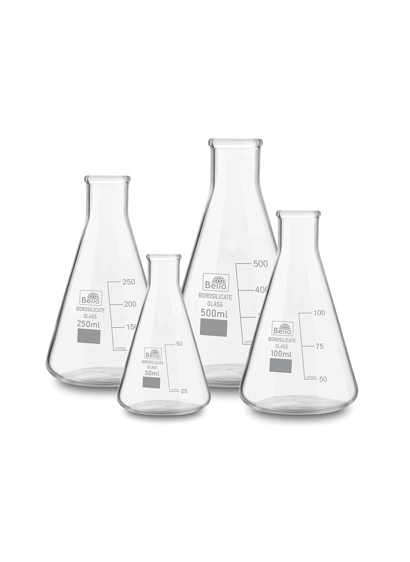 Bello Borosilicate 33 Glass Conical Flask 50 ml 100 ml 250 ml 500 ml with Graduation Marks Set of 4 Conical Flasks for school collage chemistry lab laboratory