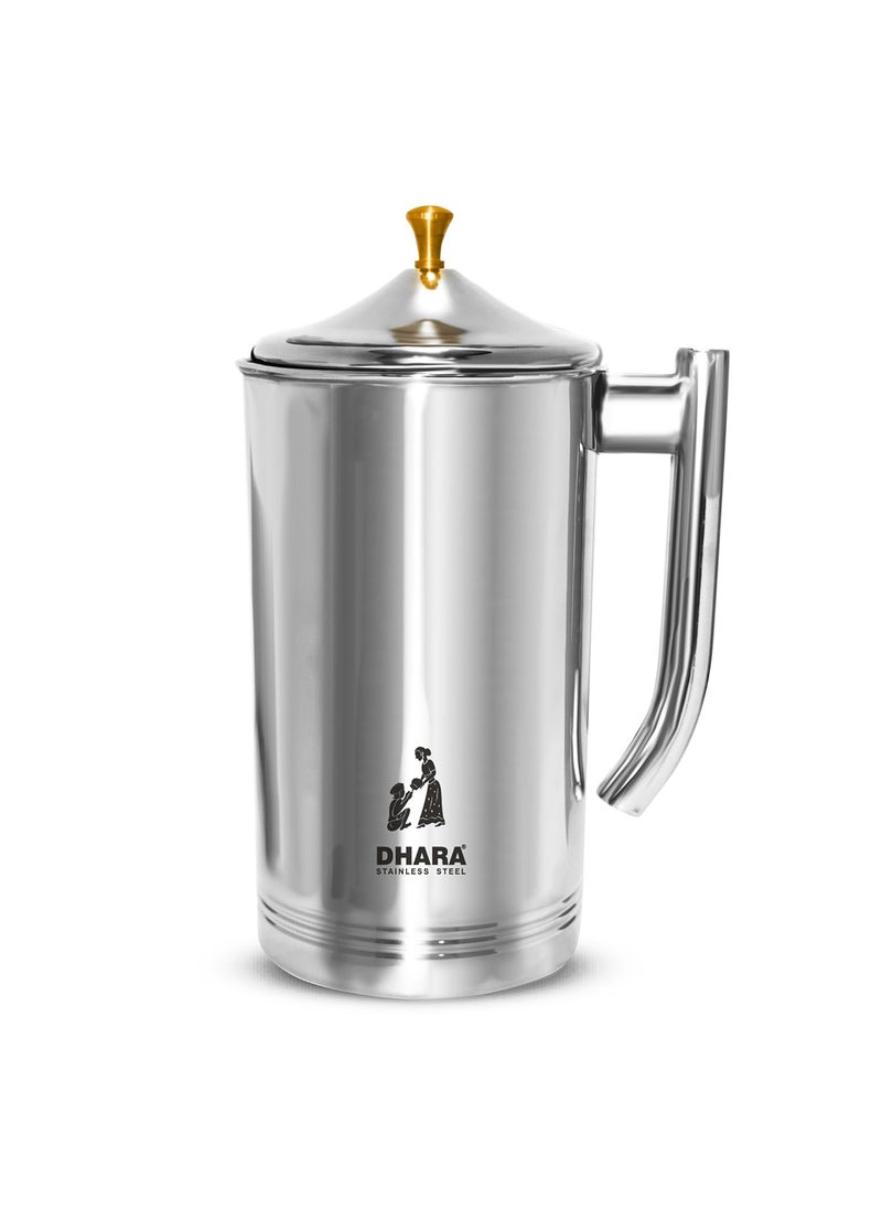 Dhara Stainless Steel Aster Water Pitcher with Lid 2 Liters Food Grade Rust Proof Streamlined Handle Easy to Carry and Pouring Strong and Sturdy Steel Serving Water Jug for Dinning Table