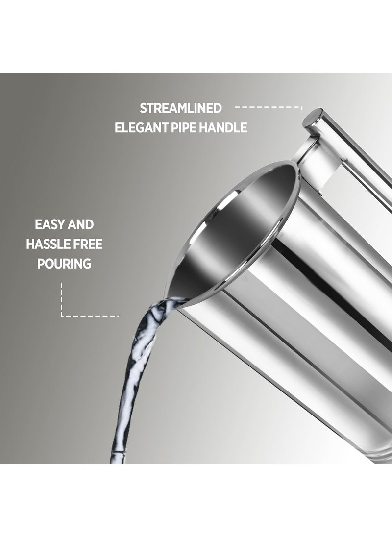 Dhara Stainless Steel Aster Water Pitcher with Lid 2 Liters Food Grade Rust Proof Streamlined Handle Easy to Carry and Pouring Strong and Sturdy Steel Serving Water Jug for Dinning Table