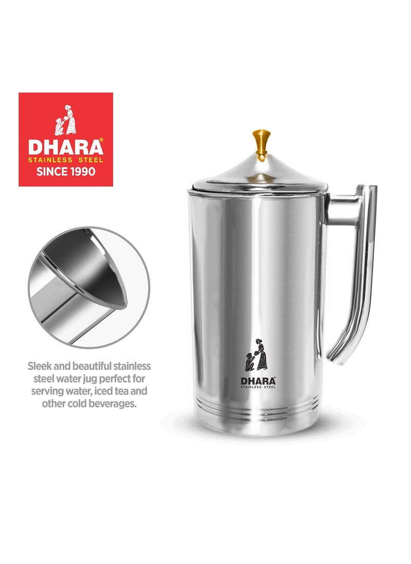 Dhara Stainless Steel Aster Water Pitcher with Lid 2 Liters Food Grade Rust Proof Streamlined Handle Easy to Carry and Pouring Strong and Sturdy Steel Serving Water Jug for Dinning Table