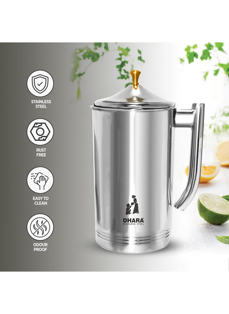 Dhara Stainless Steel Aster Water Pitcher with Lid 2 Liters Food Grade Rust Proof Streamlined Handle Easy to Carry and Pouring Strong and Sturdy Steel Serving Water Jug for Dinning Table