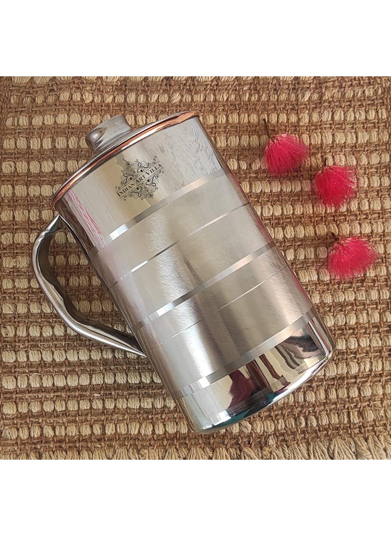 Indian Art Villa Steel Copper Luxury Design Jug Pitcher Storage Serving Water Beneficial for Health Volume 1500 ML