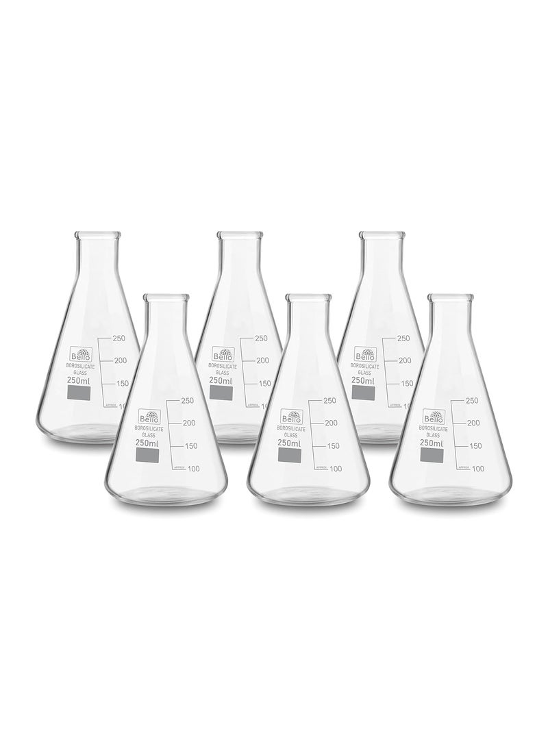 Bello Borosilicate 33 Glass Conical Flask 250 ml with Graduation Marks Pack of 6 Conical Flasks for school collage chemistry lab laboratory