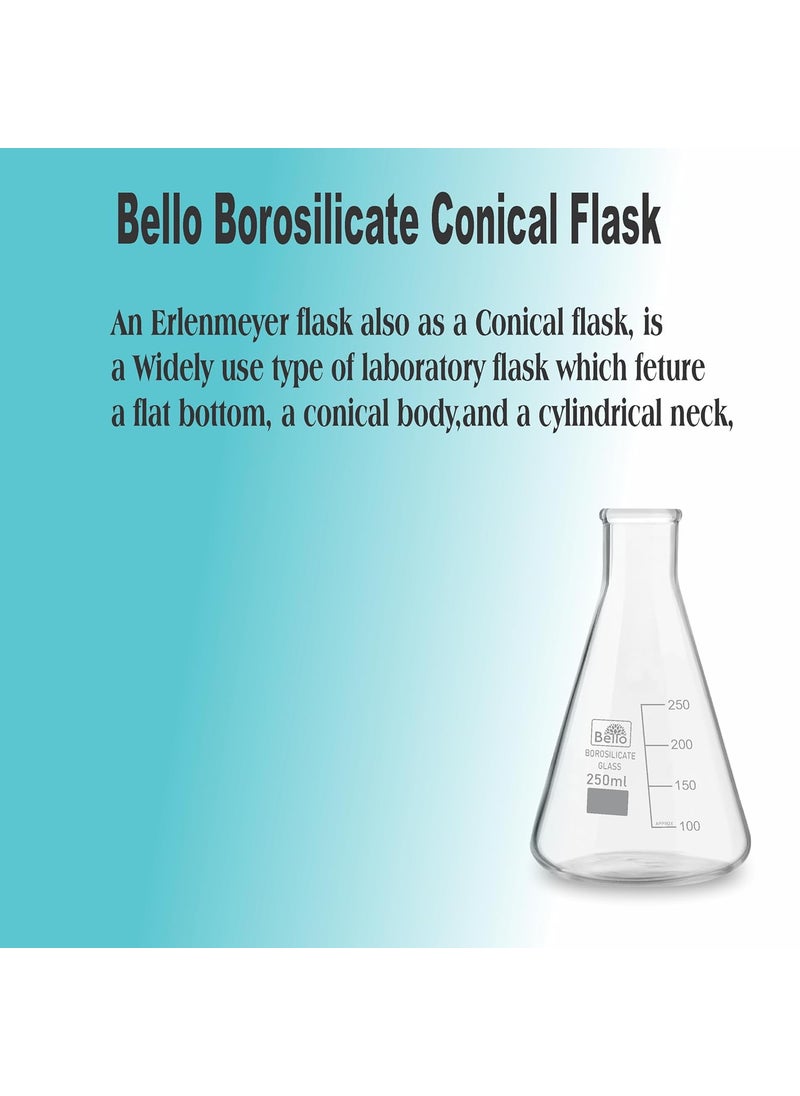 Bello Borosilicate 33 Glass Conical Flask 250 ml with Graduation Marks Pack of 6 Conical Flasks for school collage chemistry lab laboratory