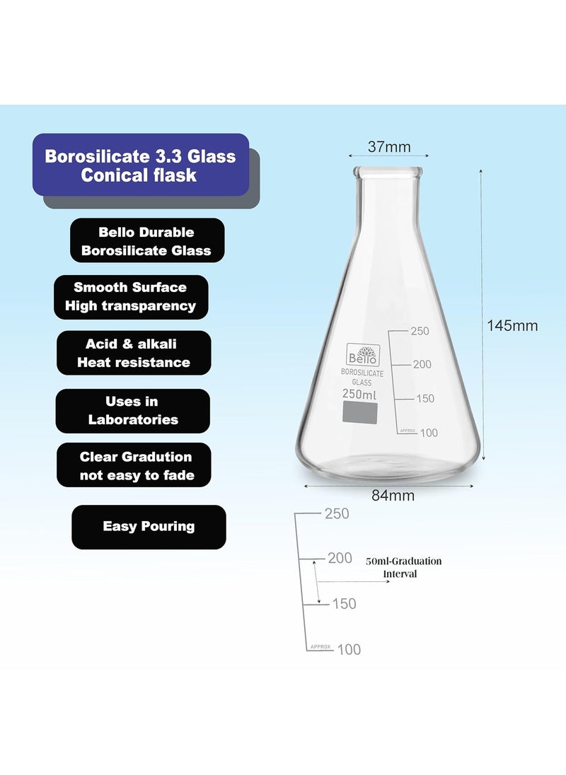 Bello Borosilicate 33 Glass Conical Flask 250 ml with Graduation Marks Pack of 6 Conical Flasks for school collage chemistry lab laboratory
