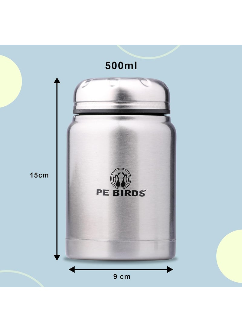 PE BIRDS from the house of peacocks Insulated food jar Soup Flask Sambar Jar Pluto 500 ML Silver