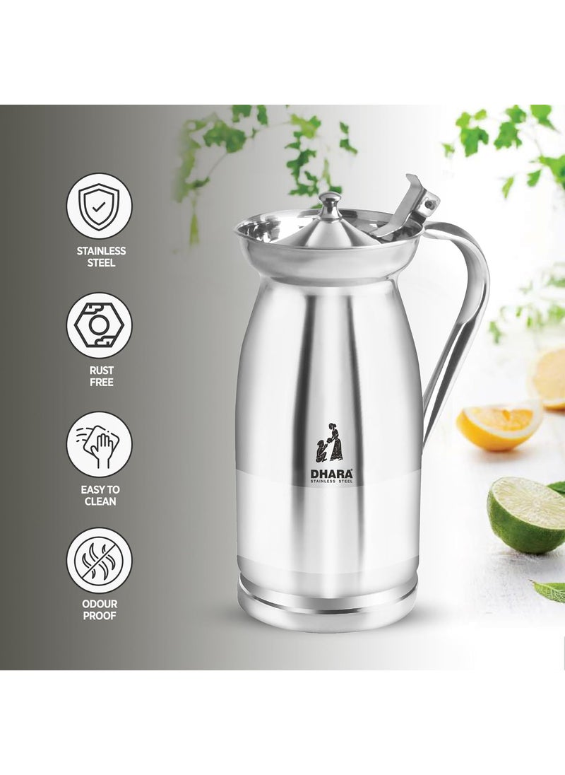 Dhara Stainless Steel Welcome Serving Water Jug 2 Liter Rustproof Heat Resistant Streamlined Handle Easy to Carry and Pouring Strong and Sturdy Steel Serving Water Jug for Dinning Table