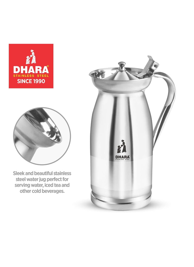 Dhara Stainless Steel Welcome Serving Water Jug 2 Liter Rustproof Heat Resistant Streamlined Handle Easy to Carry and Pouring Strong and Sturdy Steel Serving Water Jug for Dinning Table