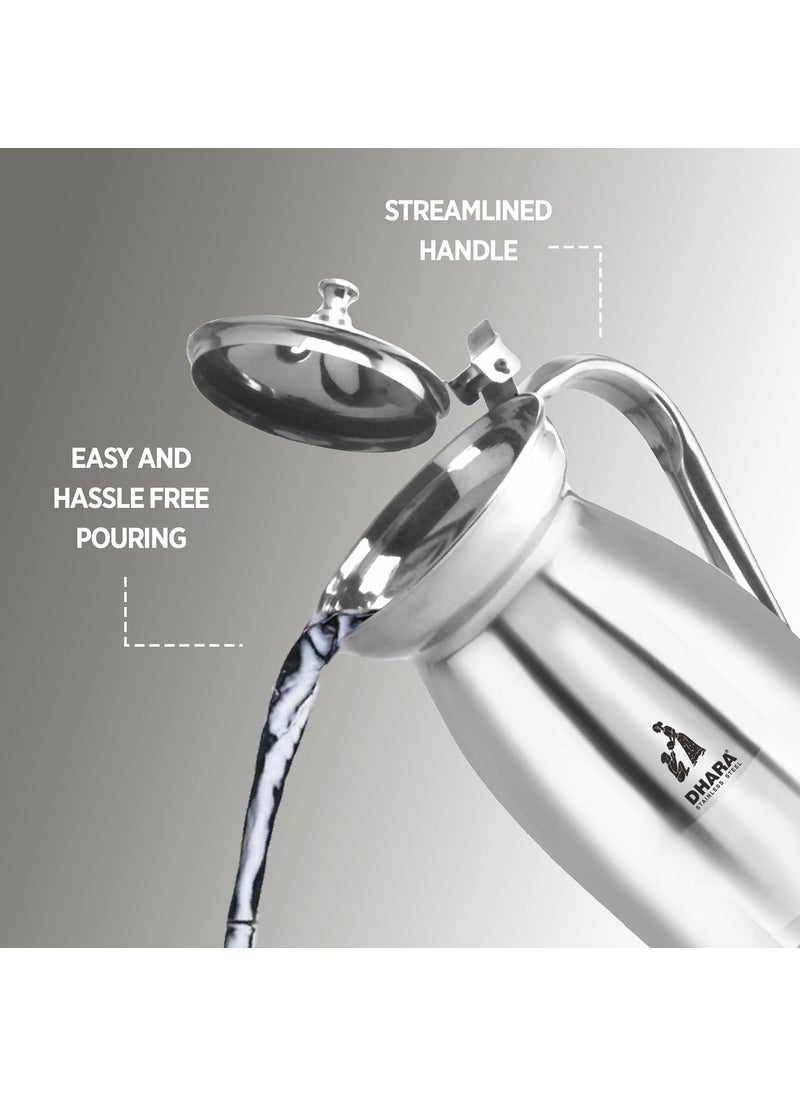 Dhara Stainless Steel Welcome Serving Water Jug 2 Liter Rustproof Heat Resistant Streamlined Handle Easy to Carry and Pouring Strong and Sturdy Steel Serving Water Jug for Dinning Table