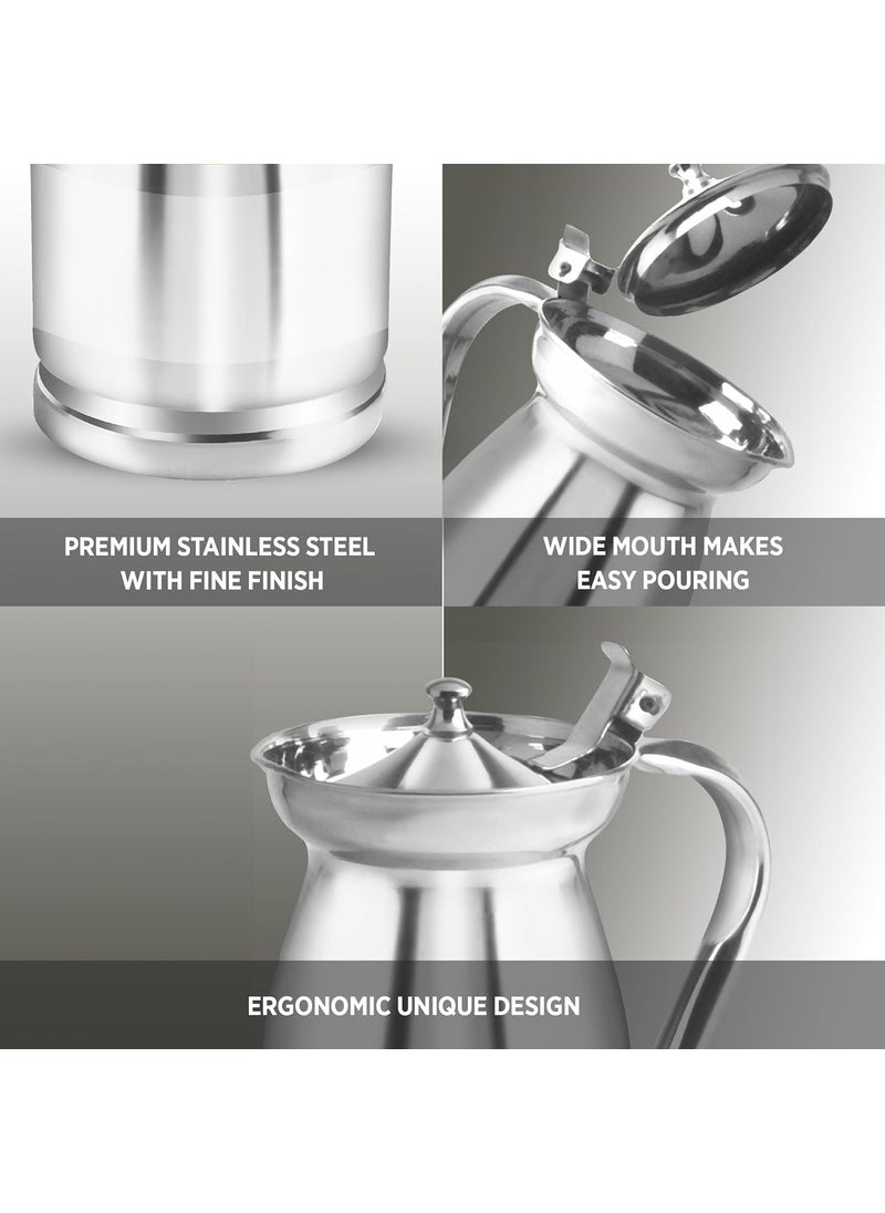 Dhara Stainless Steel Welcome Serving Water Jug 2 Liter Rustproof Heat Resistant Streamlined Handle Easy to Carry and Pouring Strong and Sturdy Steel Serving Water Jug for Dinning Table