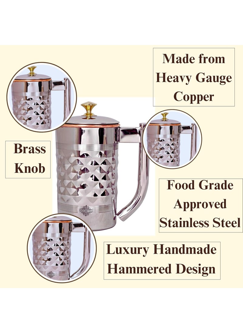 Indian Art Villa Diamond Hammered Steel Copper Jug Pitcher with Brass Knob Serveware 2000 ML