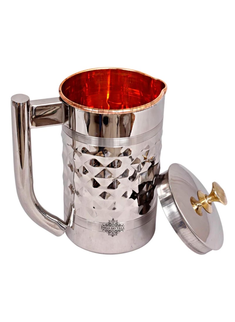 Indian Art Villa Diamond Hammered Steel Copper Jug Pitcher with Brass Knob Serveware 2000 ML