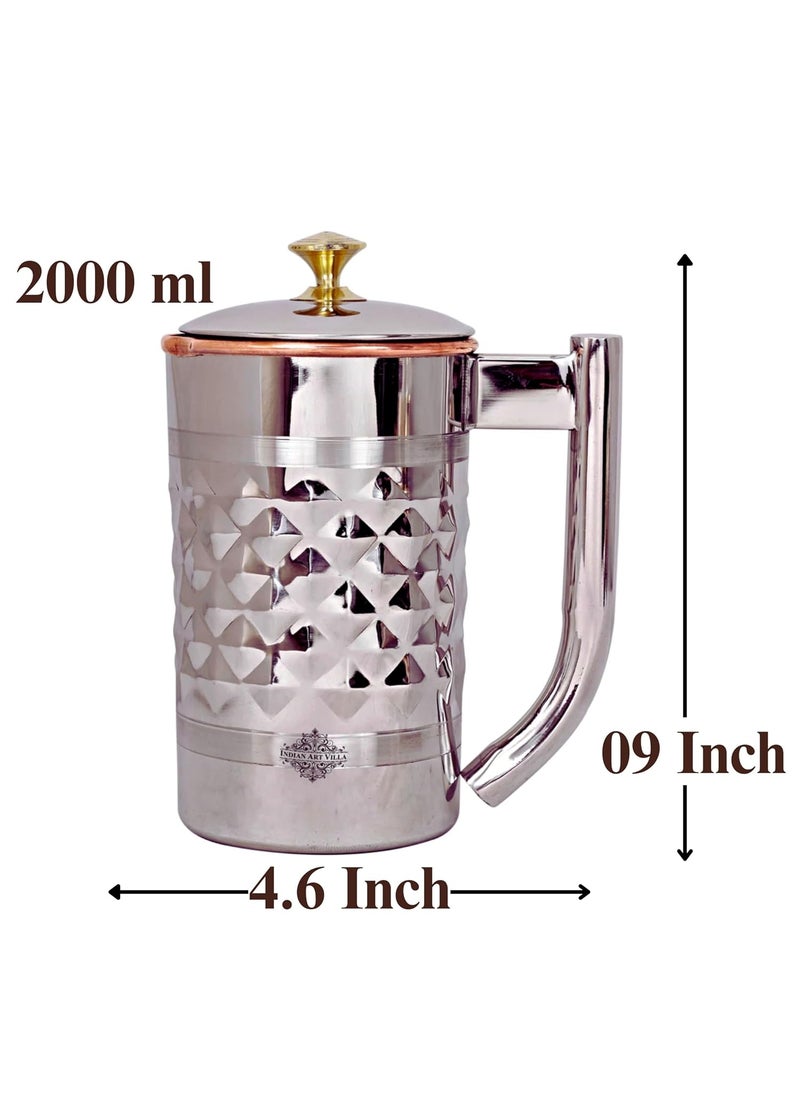 Indian Art Villa Diamond Hammered Steel Copper Jug Pitcher with Brass Knob Serveware 2000 ML