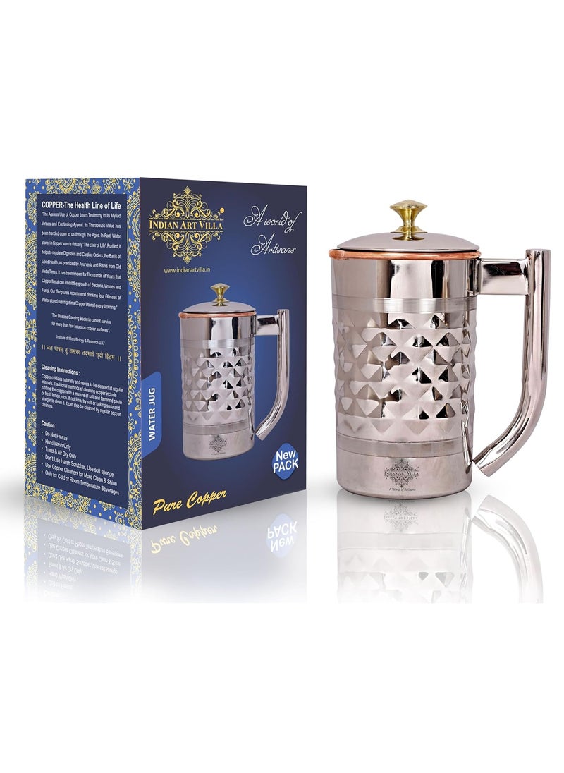 Indian Art Villa Diamond Hammered Steel Copper Jug Pitcher with Brass Knob Serveware 2000 ML