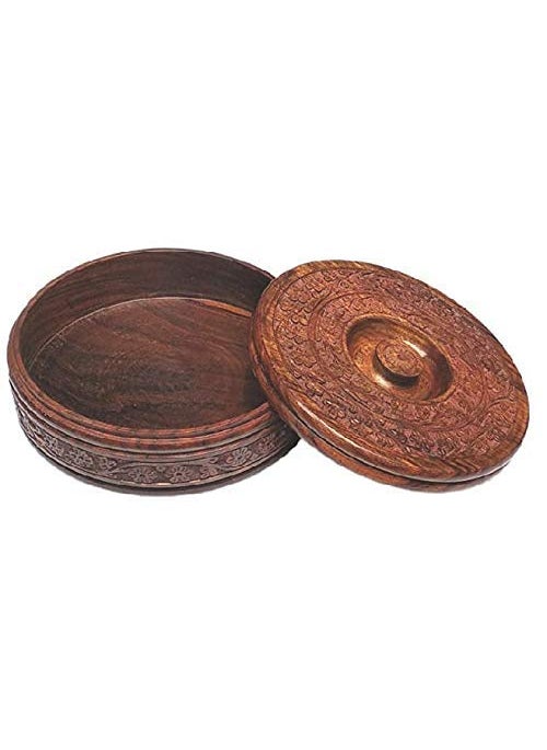 AR Handicrafts Wooden Round Chapati Container Roti Box Serving Casseroles Brown 8 Inch Solid