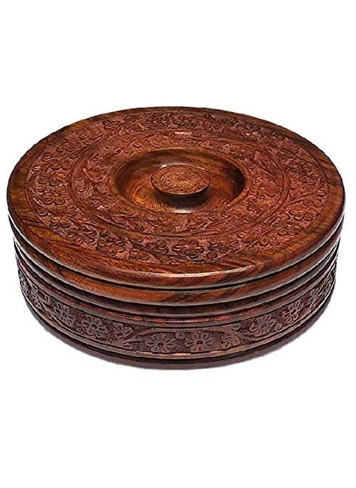 AR Handicrafts Wooden Round Chapati Container Roti Box Serving Casseroles Brown 8 Inch Solid