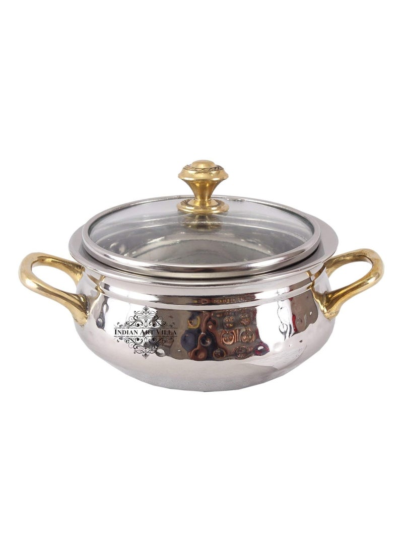 Indian Art Villa Steel Handi of Brass Handle with Glass Lid Volume 400 ML Set of 1