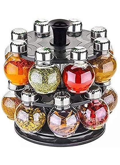 HORPIN Multipurpose Plastic Big Revolving Spice Rack 16 in 1 Masala Rack Set Condiment Set Spice Container Tabletop Jar Bottle Spice Rack Unbreakable Kitchen Shelves Black