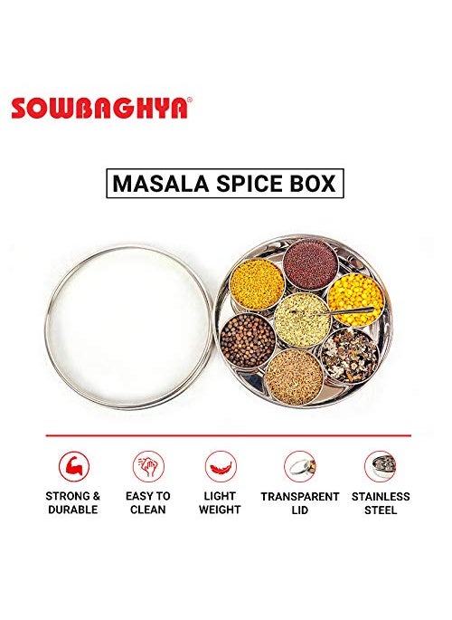 Sowbaghya Stainless Steel Masala (Spice) Box/Dabba/Organiser/Anjarai Petti with 7 Containers and Spoon (Medium | 19 cm dia) Stainless Steel Spice Box Masala Dabba for Kitchen Storage Organiser.