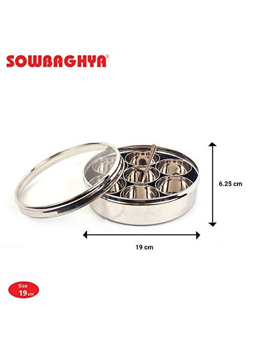Sowbaghya Stainless Steel Masala (Spice) Box/Dabba/Organiser/Anjarai Petti with 7 Containers and Spoon (Medium | 19 cm dia) Stainless Steel Spice Box Masala Dabba for Kitchen Storage Organiser.
