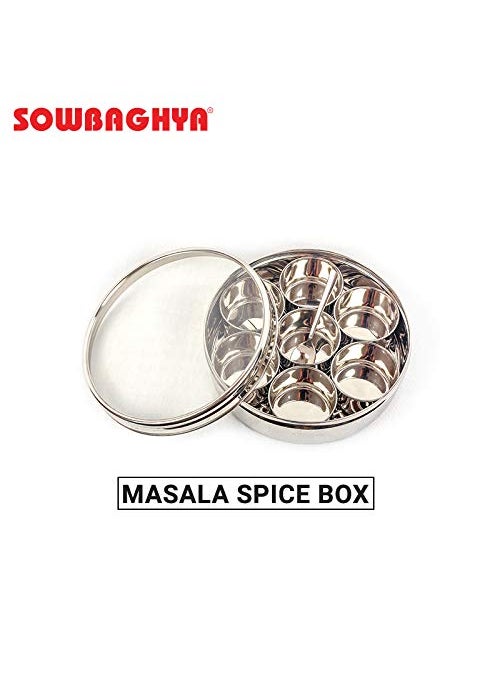 Sowbaghya Stainless Steel Masala (Spice) Box/Dabba/Organiser/Anjarai Petti with 7 Containers and Spoon (Medium | 19 cm dia) Stainless Steel Spice Box Masala Dabba for Kitchen Storage Organiser.