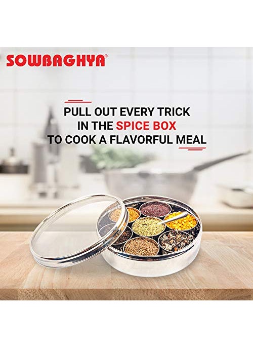 Sowbaghya Stainless Steel Masala (Spice) Box/Dabba/Organiser/Anjarai Petti with 7 Containers and Spoon (Medium | 19 cm dia) Stainless Steel Spice Box Masala Dabba for Kitchen Storage Organiser.