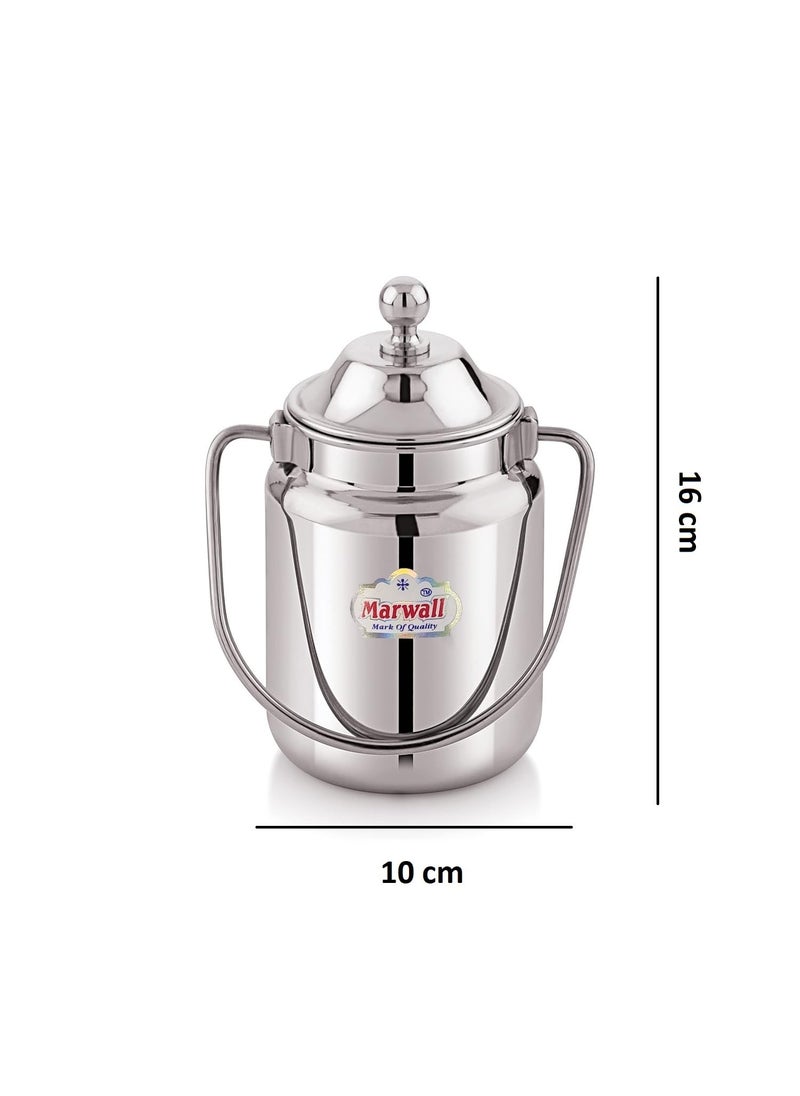 MARWALL Stainless Steel Akhand Jointless Barni Ghee PotMilk PotMilk ContainerMilk CanOil CanDolchiKetali with Handle and Lid for Home and Kitchen 500ml