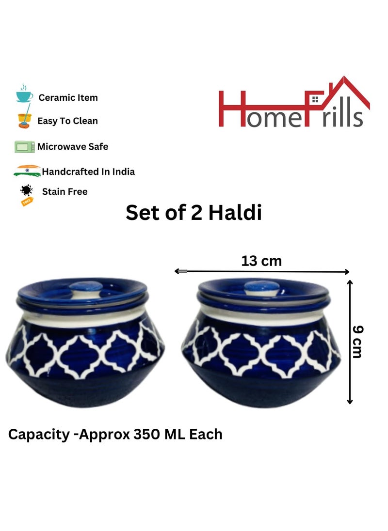 Homefrills Handpainted MultiUtility Ceramic Jar Container with LidBarniHandi for Storage of AcharSnacksPicklechutney etc 2 Handi with Lid ColourBlue Capacity350 MLapprox Each