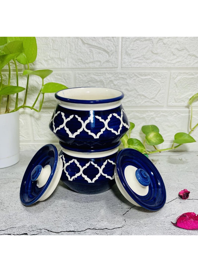 Homefrills Handpainted MultiUtility Ceramic Jar Container with LidBarniHandi for Storage of AcharSnacksPicklechutney etc 2 Handi with Lid ColourBlue Capacity350 MLapprox Each