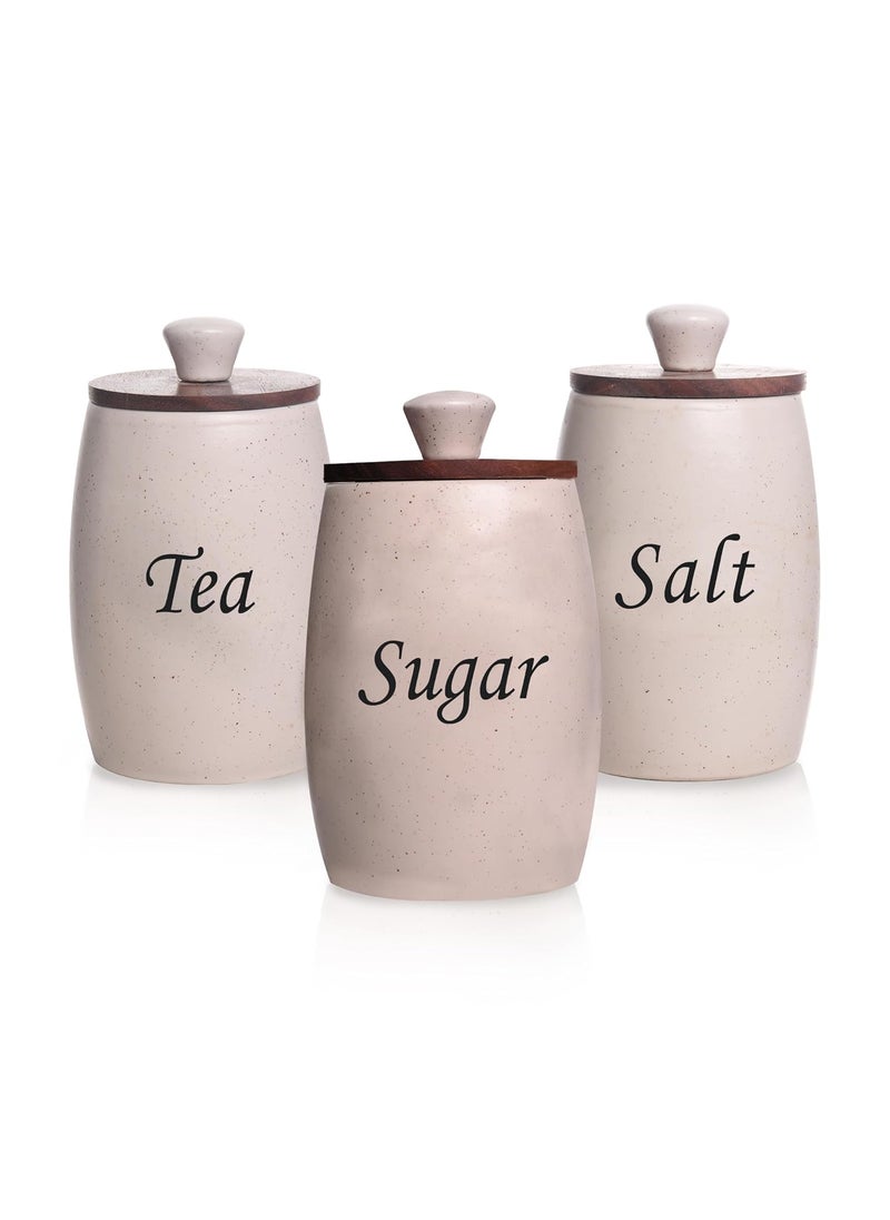 CraftShila Ceramic Tea Sugar Salt Containers Set of 3 with Wooden Lids Jar Container for Kitchen Storage Set Multi Utility Air Tight Kitchen Organizer Items HandPainted 400 ML White
