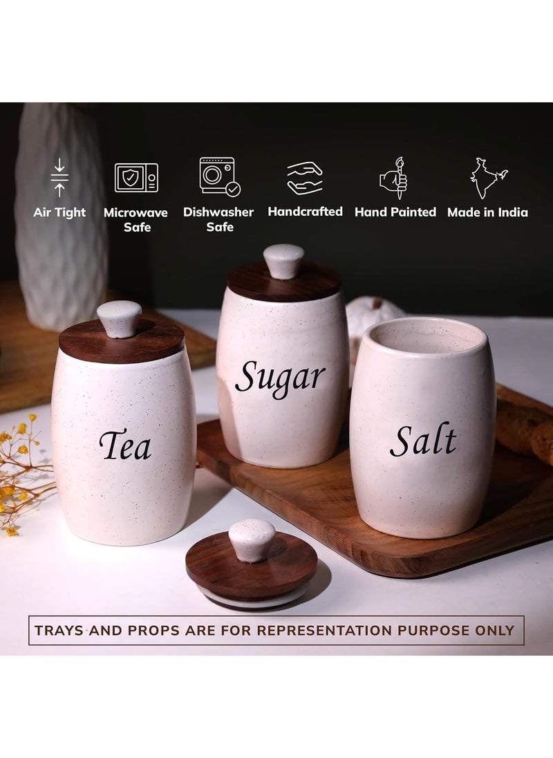 CraftShila Ceramic Tea Sugar Salt Containers Set of 3 with Wooden Lids Jar Container for Kitchen Storage Set Multi Utility Air Tight Kitchen Organizer Items HandPainted 400 ML White