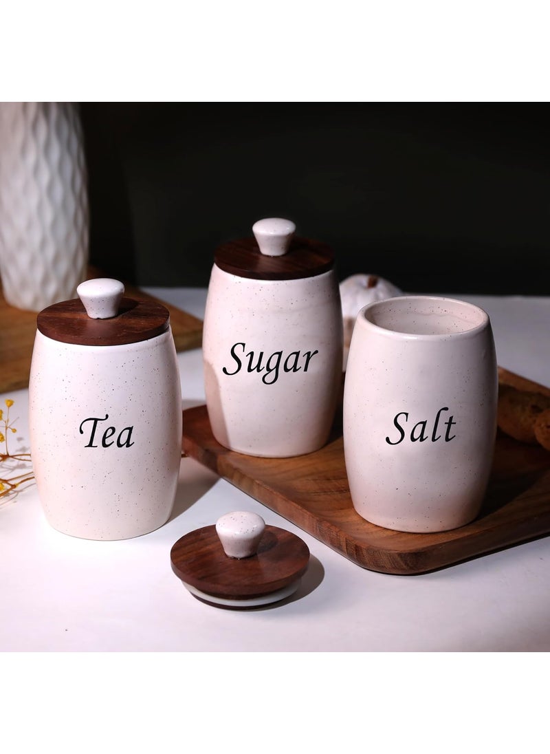 CraftShila Ceramic Tea Sugar Salt Containers Set of 3 with Wooden Lids Jar Container for Kitchen Storage Set Multi Utility Air Tight Kitchen Organizer Items HandPainted 400 ML White
