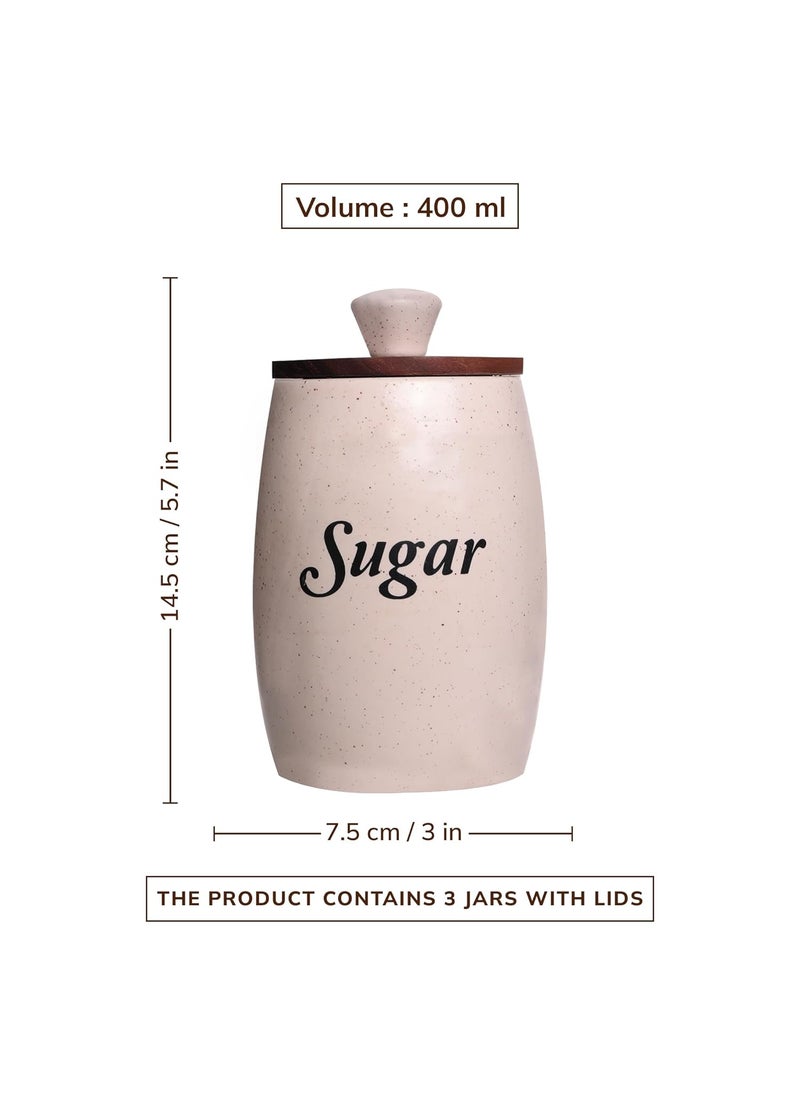 CraftShila Ceramic Tea Sugar Salt Containers Set of 3 with Wooden Lids Jar Container for Kitchen Storage Set Multi Utility Air Tight Kitchen Organizer Items HandPainted 400 ML White