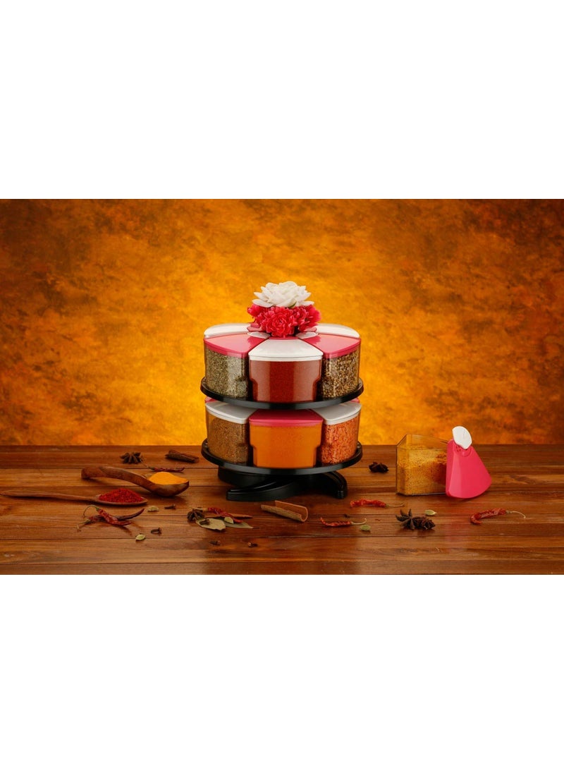 PRAMUKH FASHION 360 Degree Revolving Round Shape Transparent Pack of Jar Spice RackContainer 3 Layer Spice Rack12 Bottle Pink