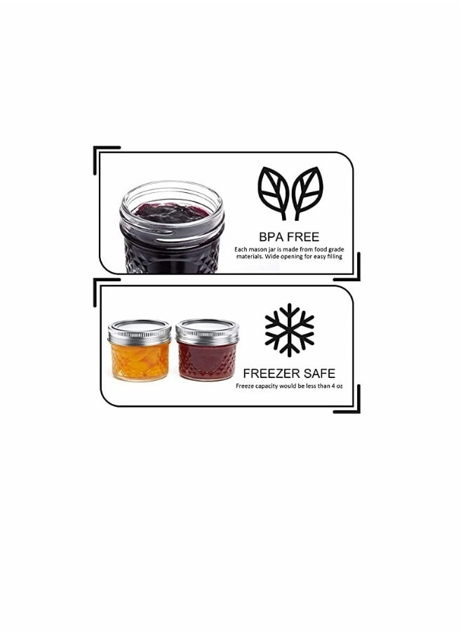 4 Oz Mason Jars Glass Mini Canning Jelly Jars with Airtight Regular Mouth Lids & Band, Quilted Crystal Jars for Jams, Spice, Food Storage, Wedding/Shower Favors, Preserves, Drinking-12 Pack