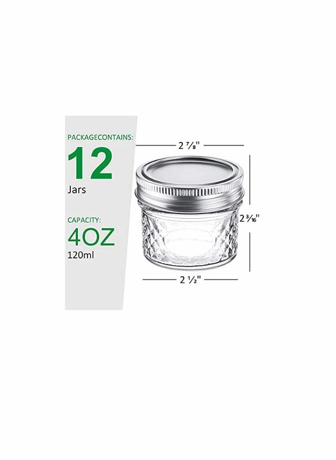4 Oz Mason Jars Glass Mini Canning Jelly Jars with Airtight Regular Mouth Lids & Band, Quilted Crystal Jars for Jams, Spice, Food Storage, Wedding/Shower Favors, Preserves, Drinking-12 Pack