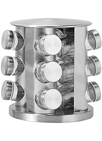 KLIZNIL Spice Jar Rack Revolving Rotating Countertop Spice Organizer Seasoning Set Spice Carousel Stainless Steel Stand Storage Holder with 12 Pcs Glass Bottle for Kitchen Restaurant