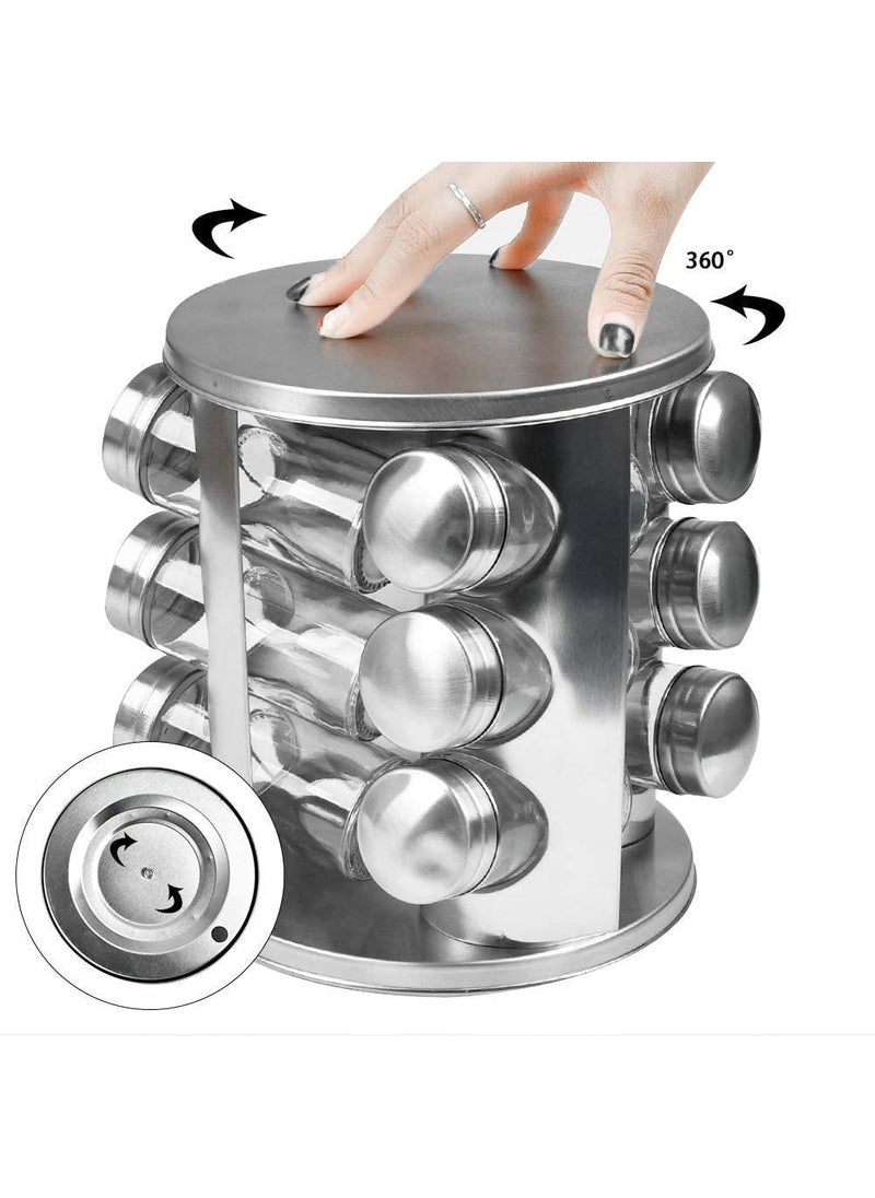 KLIZNIL Spice Jar Rack Revolving Rotating Countertop Spice Organizer Seasoning Set Spice Carousel Stainless Steel Stand Storage Holder with 12 Pcs Glass Bottle for Kitchen Restaurant