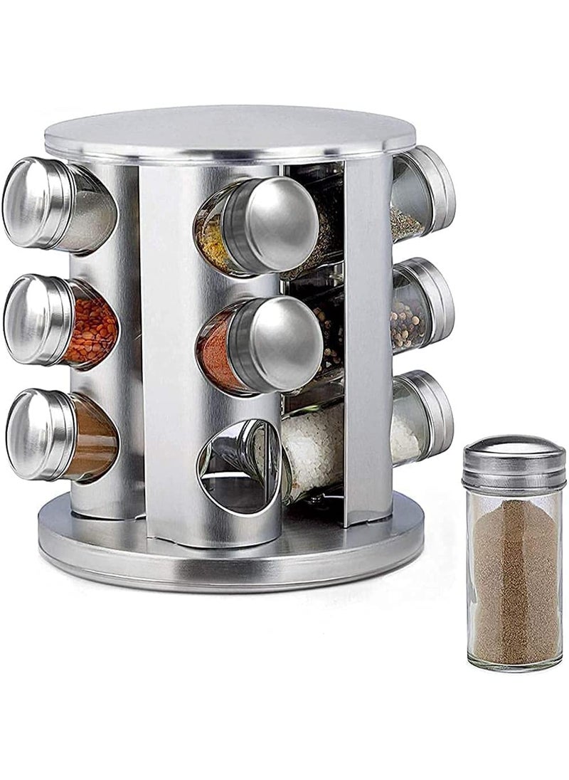 KLIZNIL Spice Jar Rack Revolving Rotating Countertop Spice Organizer Seasoning Set Spice Carousel Stainless Steel Stand Storage Holder with 12 Pcs Glass Bottle for Kitchen Restaurant