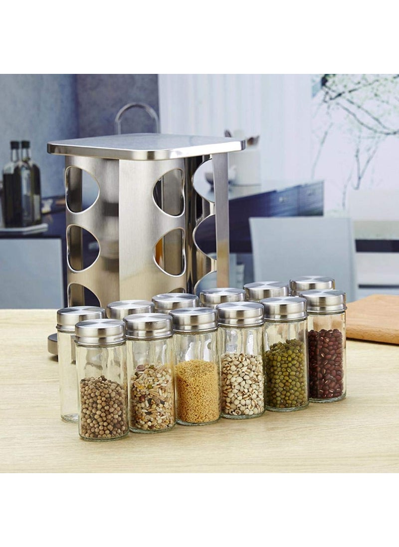 KLIZNIL Spice Jar Rack Revolving Rotating Countertop Spice Organizer Seasoning Set Spice Carousel Stainless Steel Stand Storage Holder with 12 Pcs Glass Bottle for Kitchen Restaurant