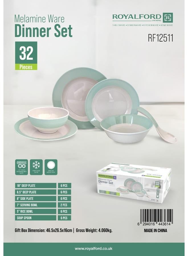 Royalford 32Pc Melamine Dinner Set ,break resistant ,freezer safe and Top Rack Dishwasher Safe Green and White 10inch